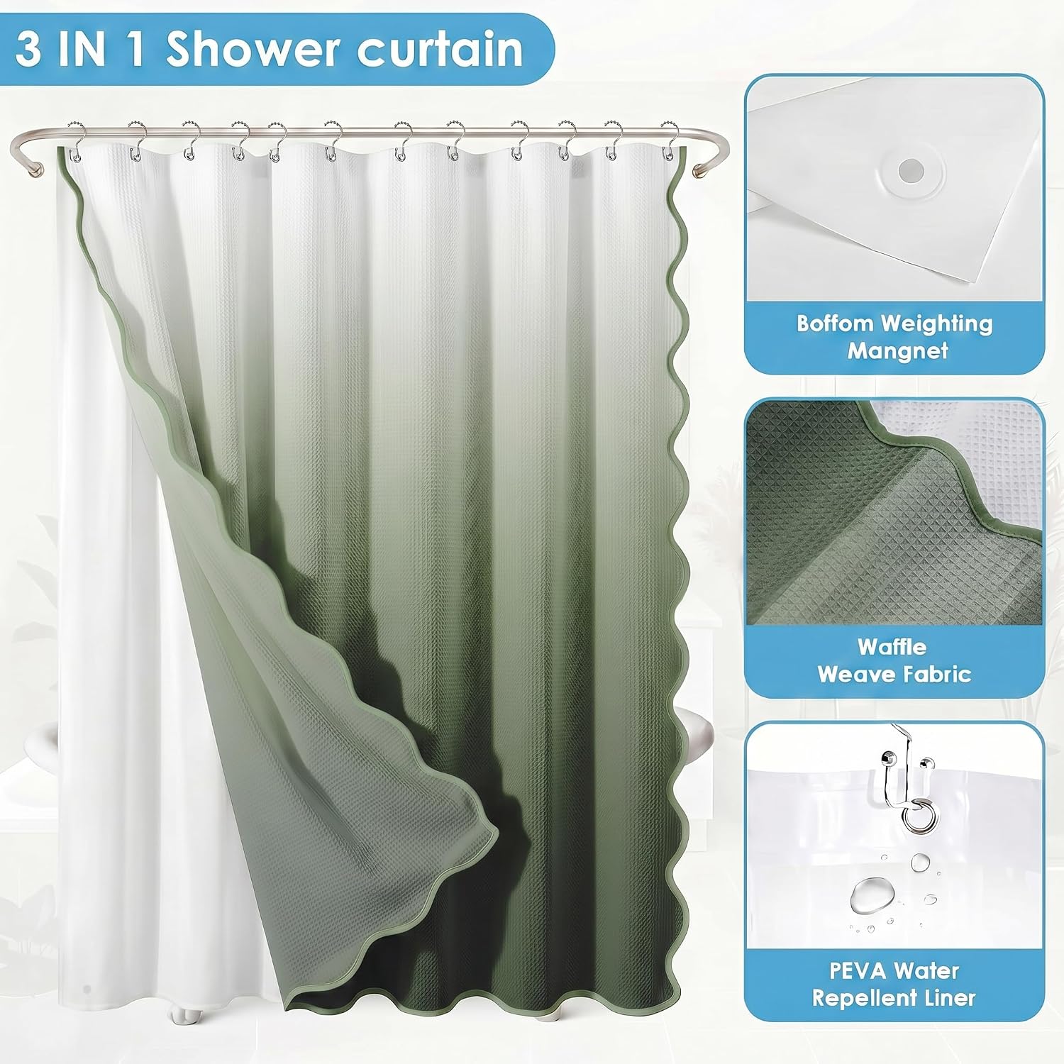 Sage Ombre Waffle Weave Shower Curtain Set