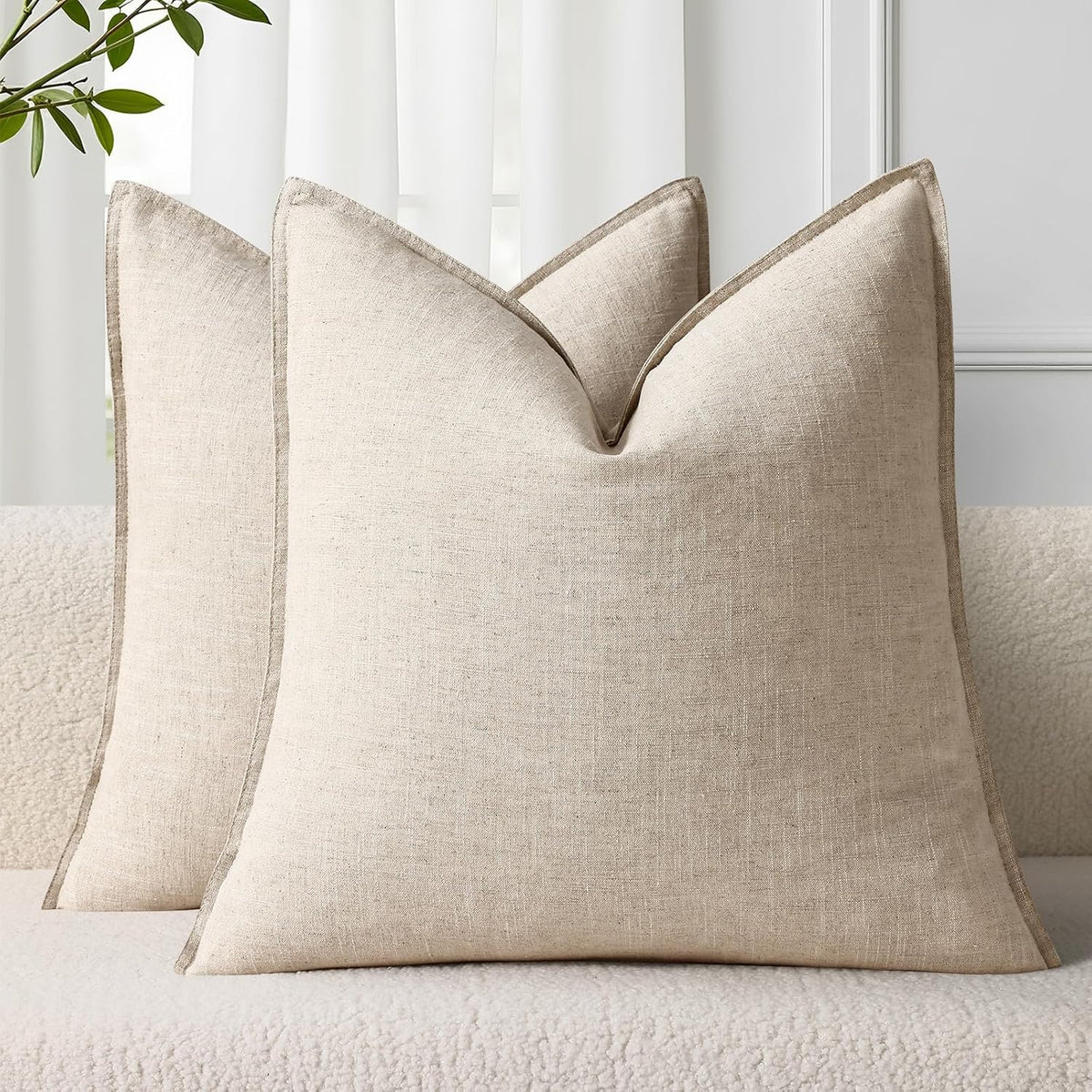 Beige Linen Flange‑Edge Throw Pillow Covers Set of 2
