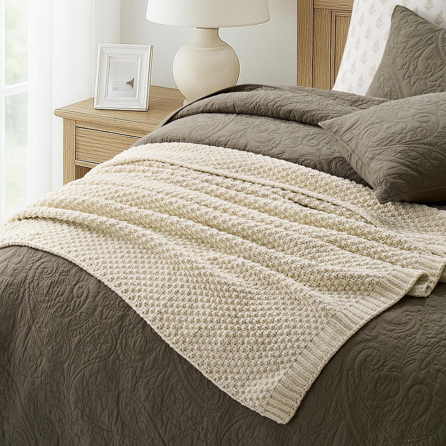 Beige Chunky Chenille Knit Throw Blanket