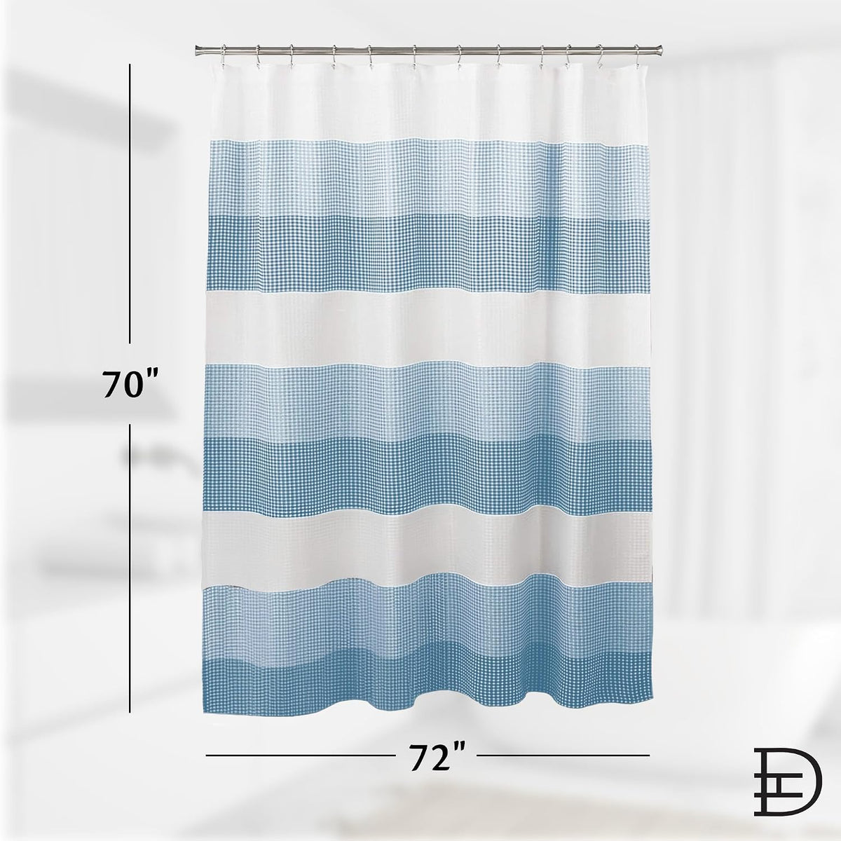 Blue Waffle Weave Waterproof Shower Curtain with Hooks