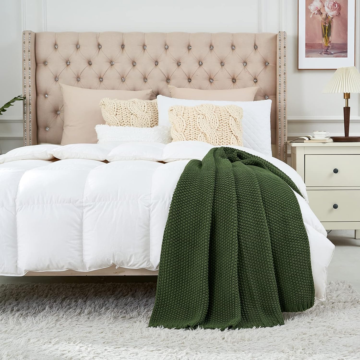 Olive Green Chunky Cable‑Knit Organic Cotton Throw Blanket