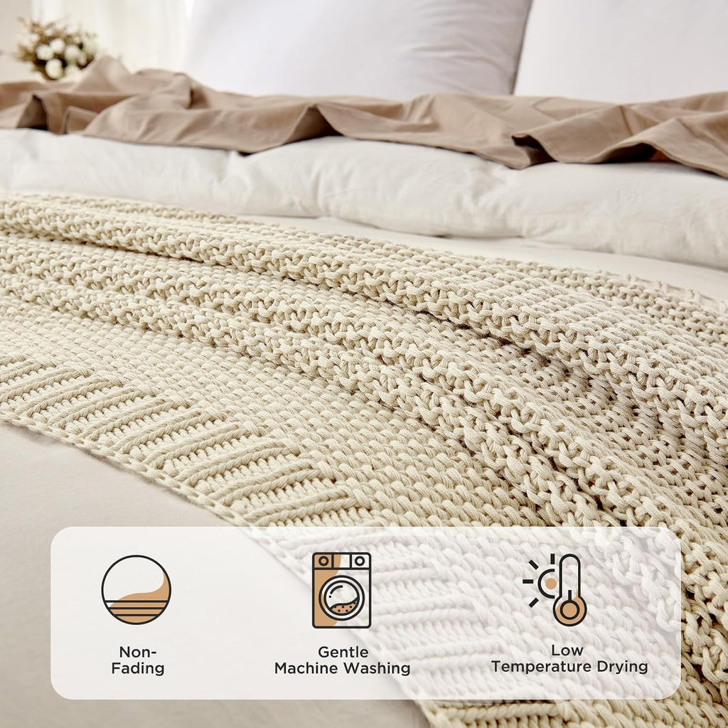 Cream White Chunky Cable‑Knit Cotton Throw Blanket