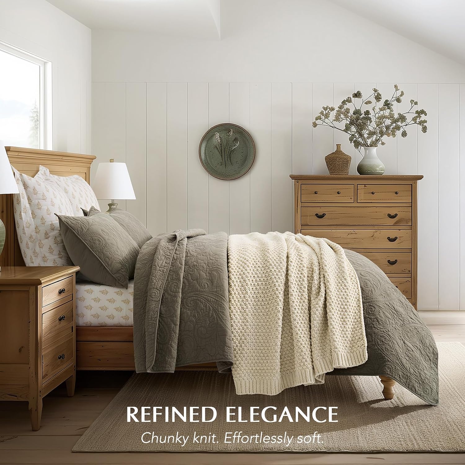 Beige Chunky Chenille Knit Throw Blanket