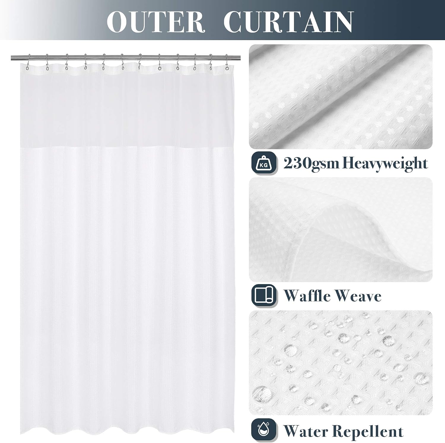 White Waffle Weave Shower Curtain Set with Snap‑in Liner
