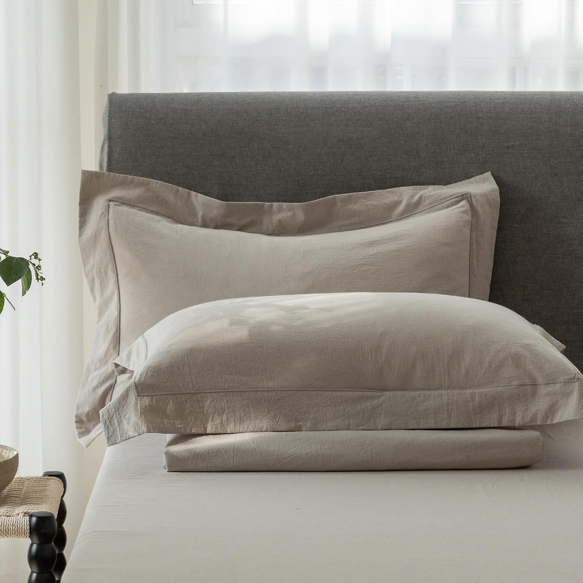 Beige‑Grey Cotton Embroidered Queen Pillow Shams Set of 2