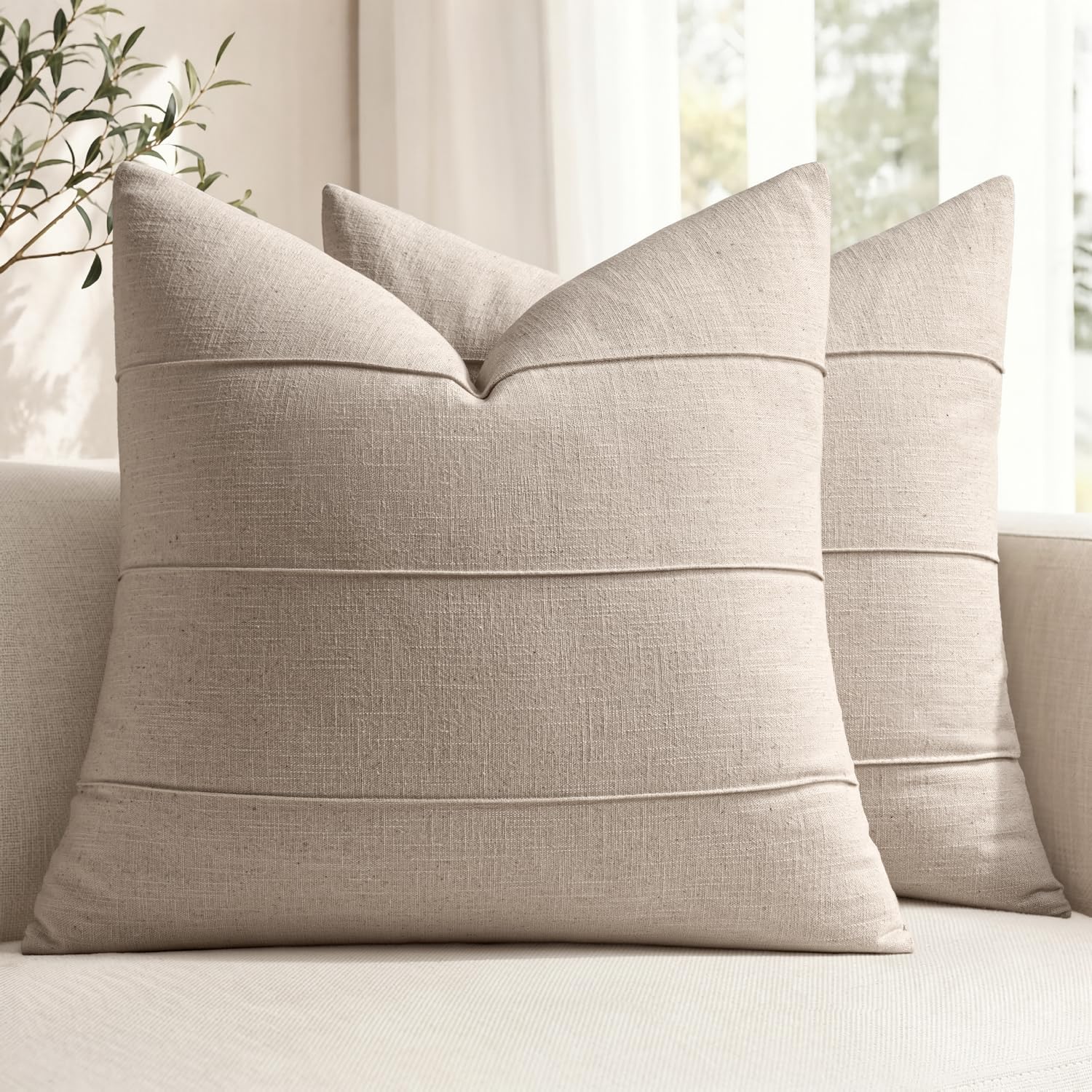 Natural Linen Striped Throw Pillow Covers Set of 2