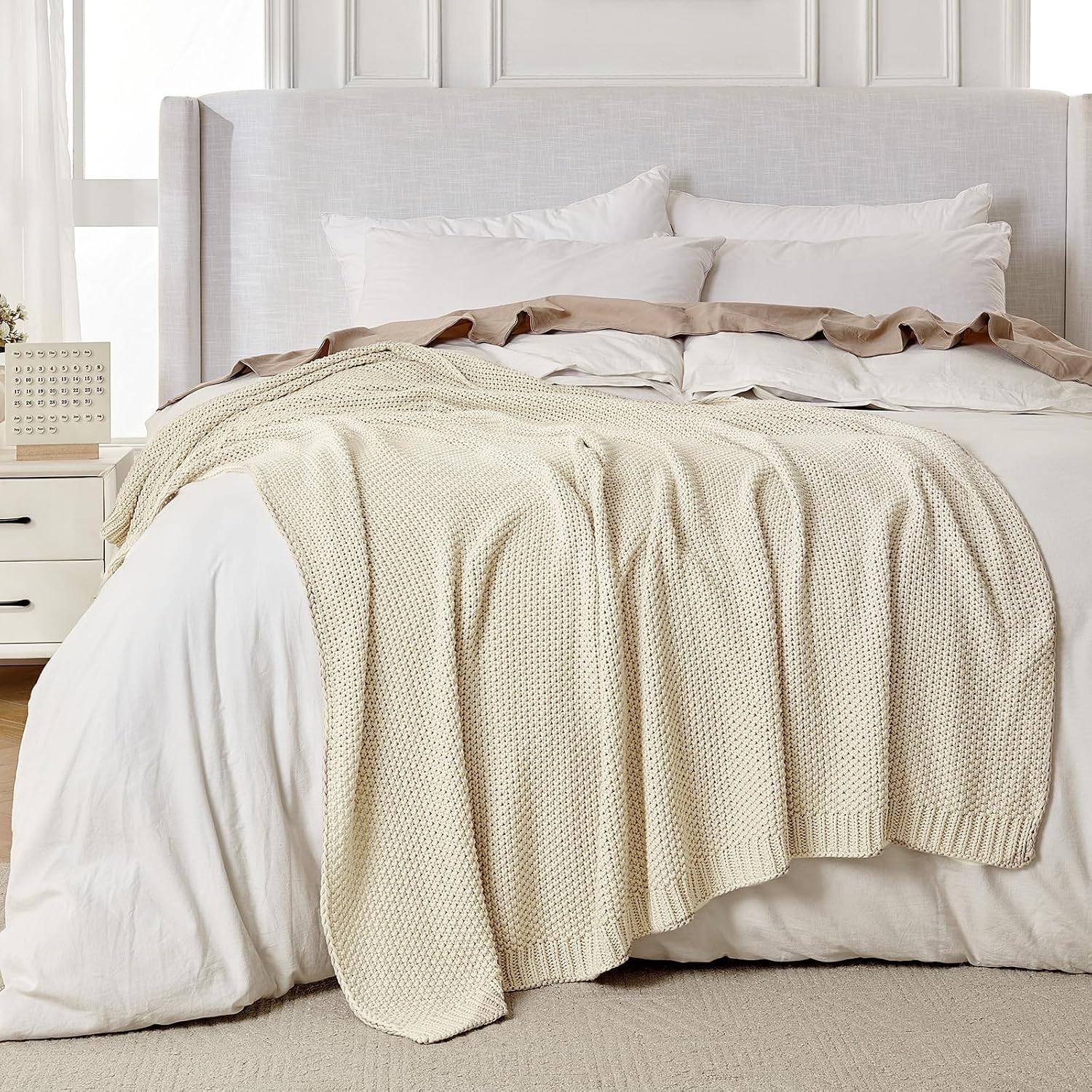 Cream White Chunky Cable‑Knit Cotton Throw Blanket