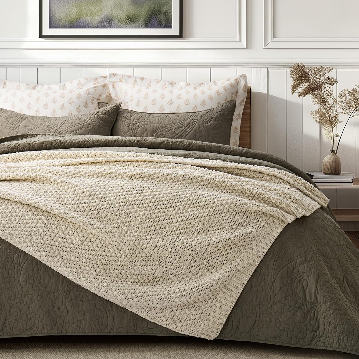 Beige Chunky Chenille Knit Throw Blanket