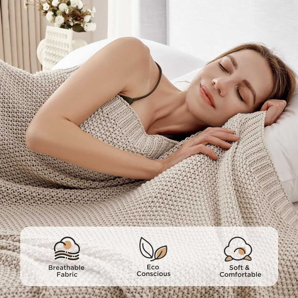 Beige Chunky Cable‑Knit Organic Cotton Throw Blanket