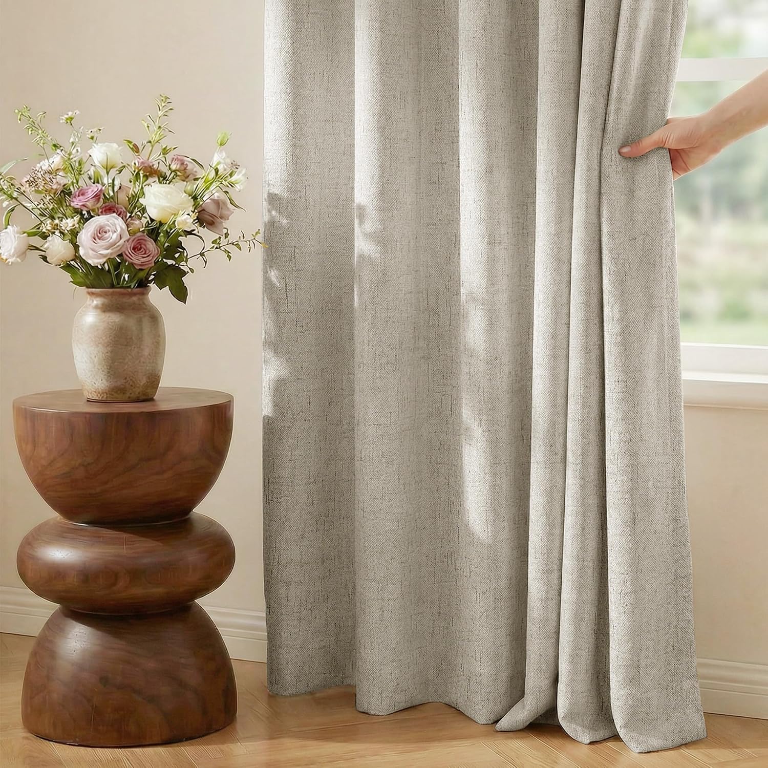 Beige Linen Blackout Grommet Curtains 2 Panels