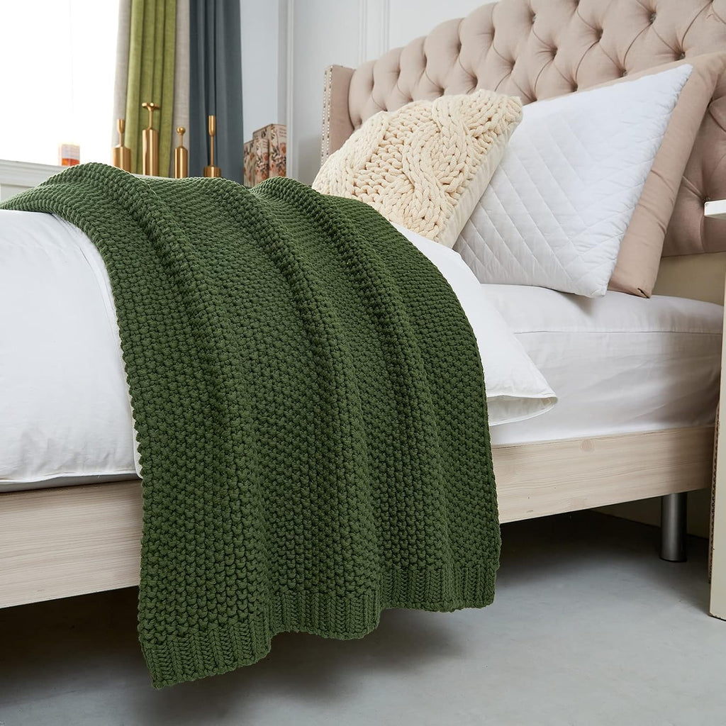 Olive Green Chunky Cable‑Knit Organic Cotton Throw Blanket
