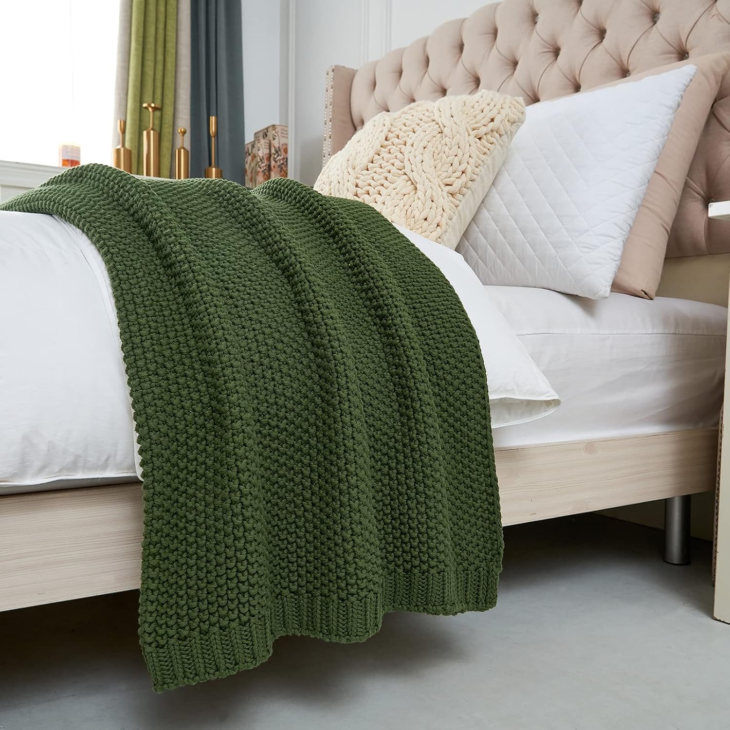 Olive Green Chunky Cable‑Knit Organic Cotton Throw Blanket
