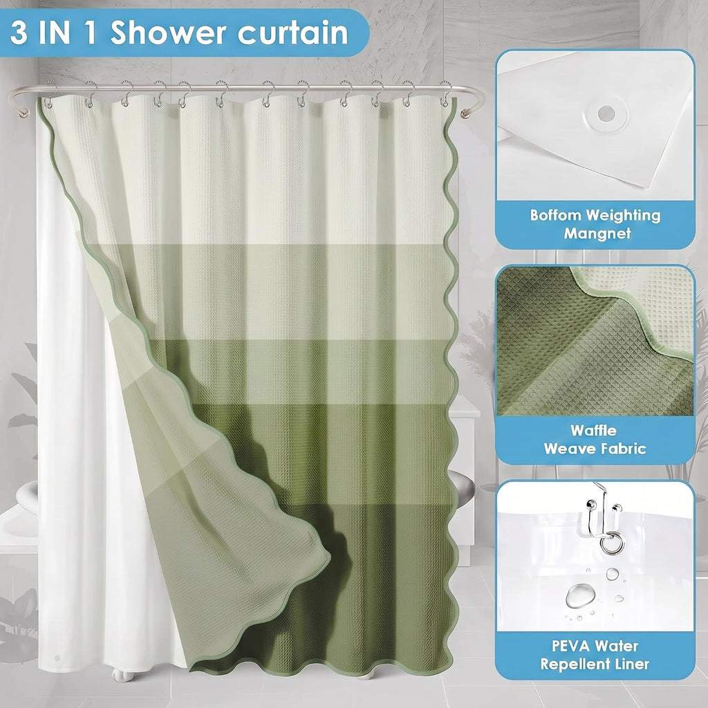 Sage Striped Waffle Weave Shower Curtain Set