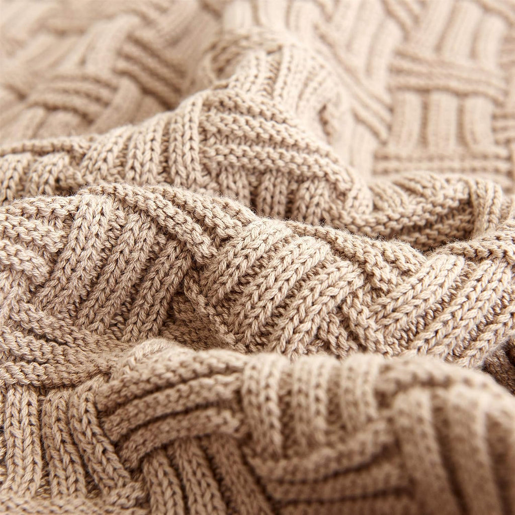 Khaki Cable‑Knit Cotton Throw Blanket