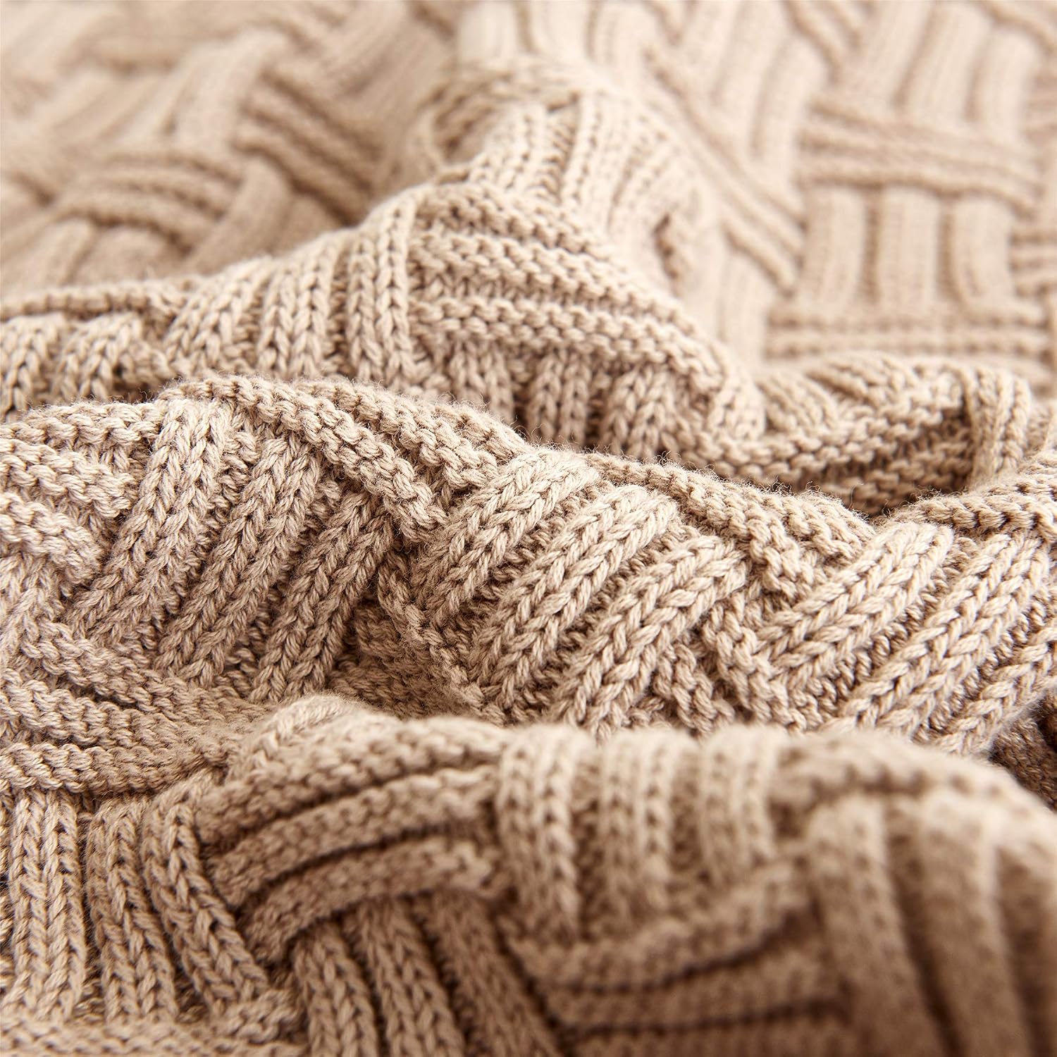 Khaki Cable‑Knit Cotton Throw Blanket
