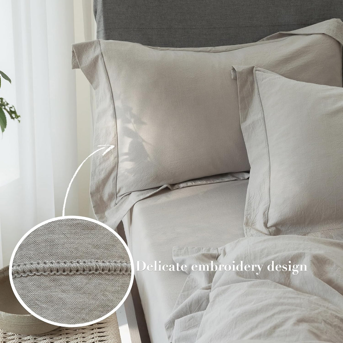 Beige‑Grey Cotton Embroidered Queen Pillow Shams Set of 2