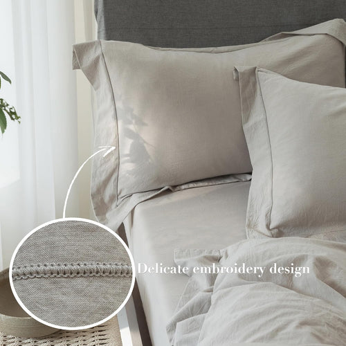 Beige‑Grey Cotton Embroidered Queen Pillow Shams Set of 2