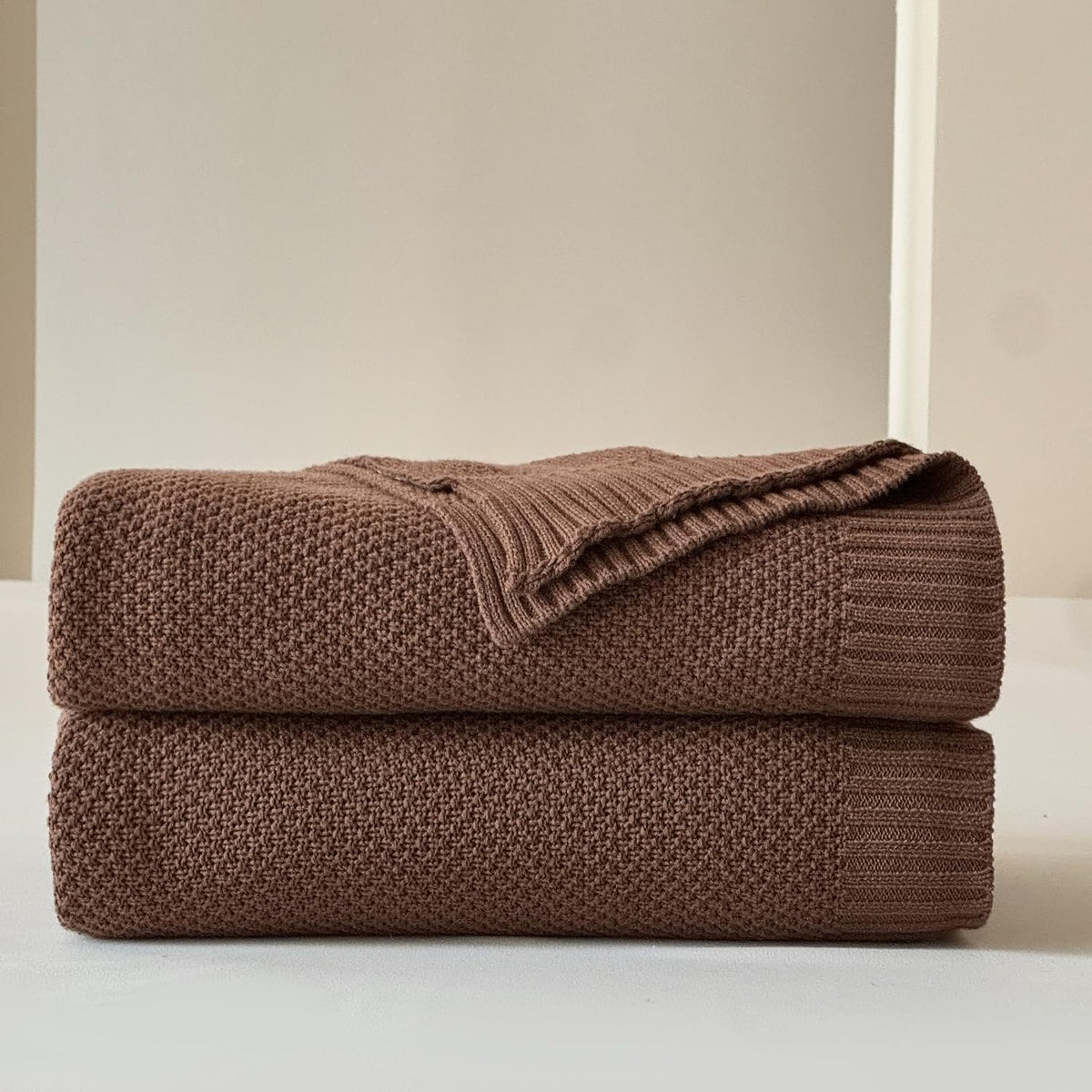 Coffee Cable‑Knit 100% Cotton Throw Blanket