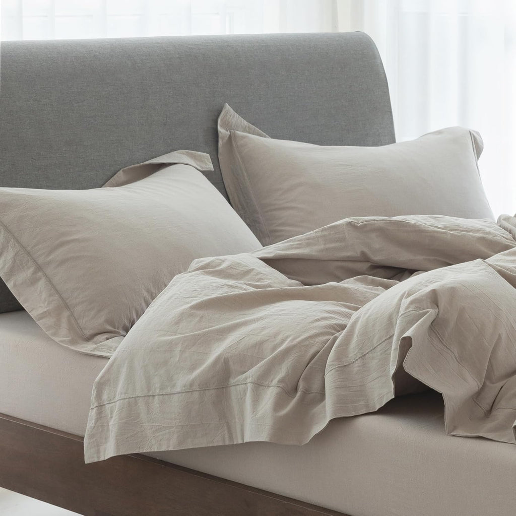 Beige‑Grey Cotton Embroidered Queen Pillow Shams Set of 2