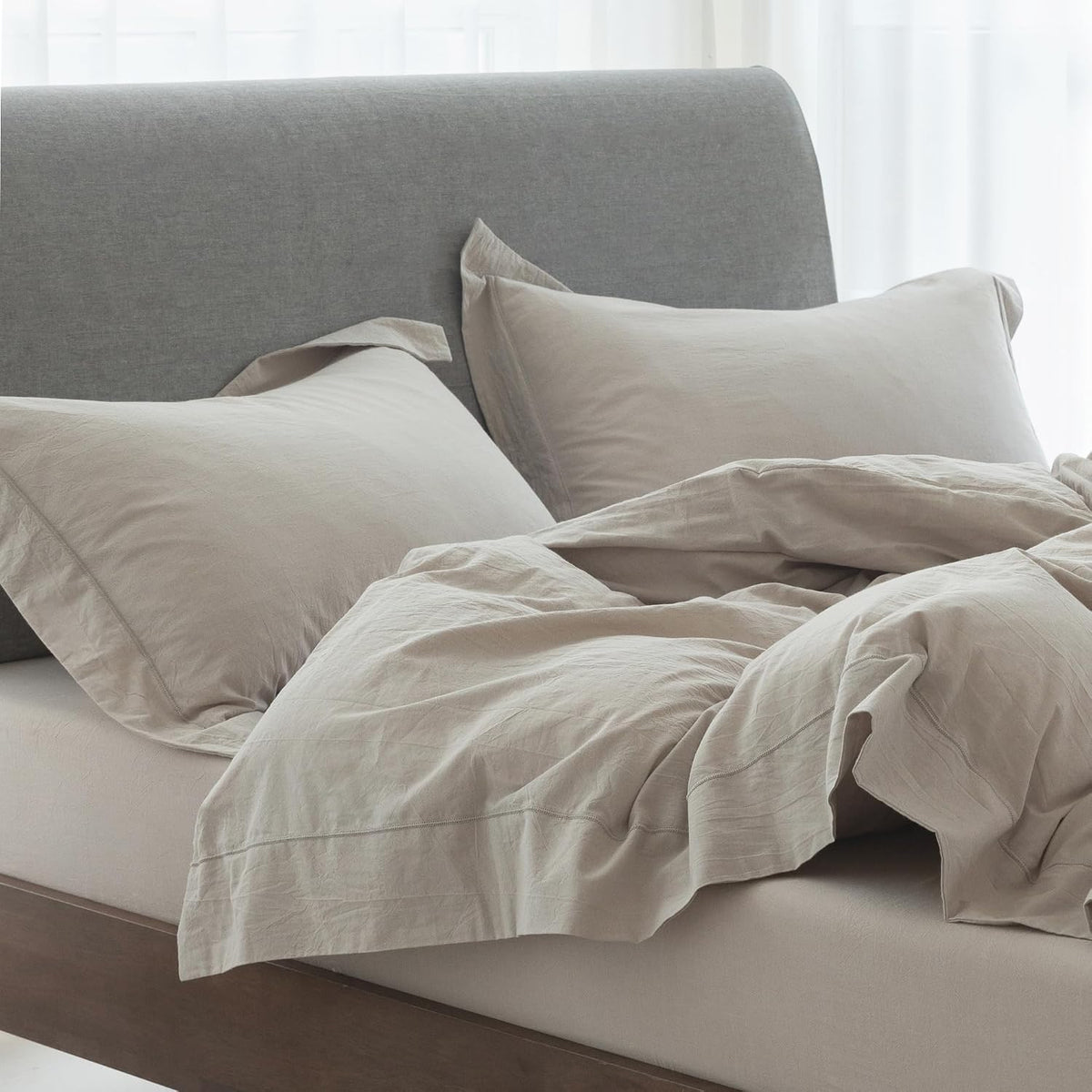 Beige‑Grey Cotton Embroidered Queen Pillow Shams Set of 2