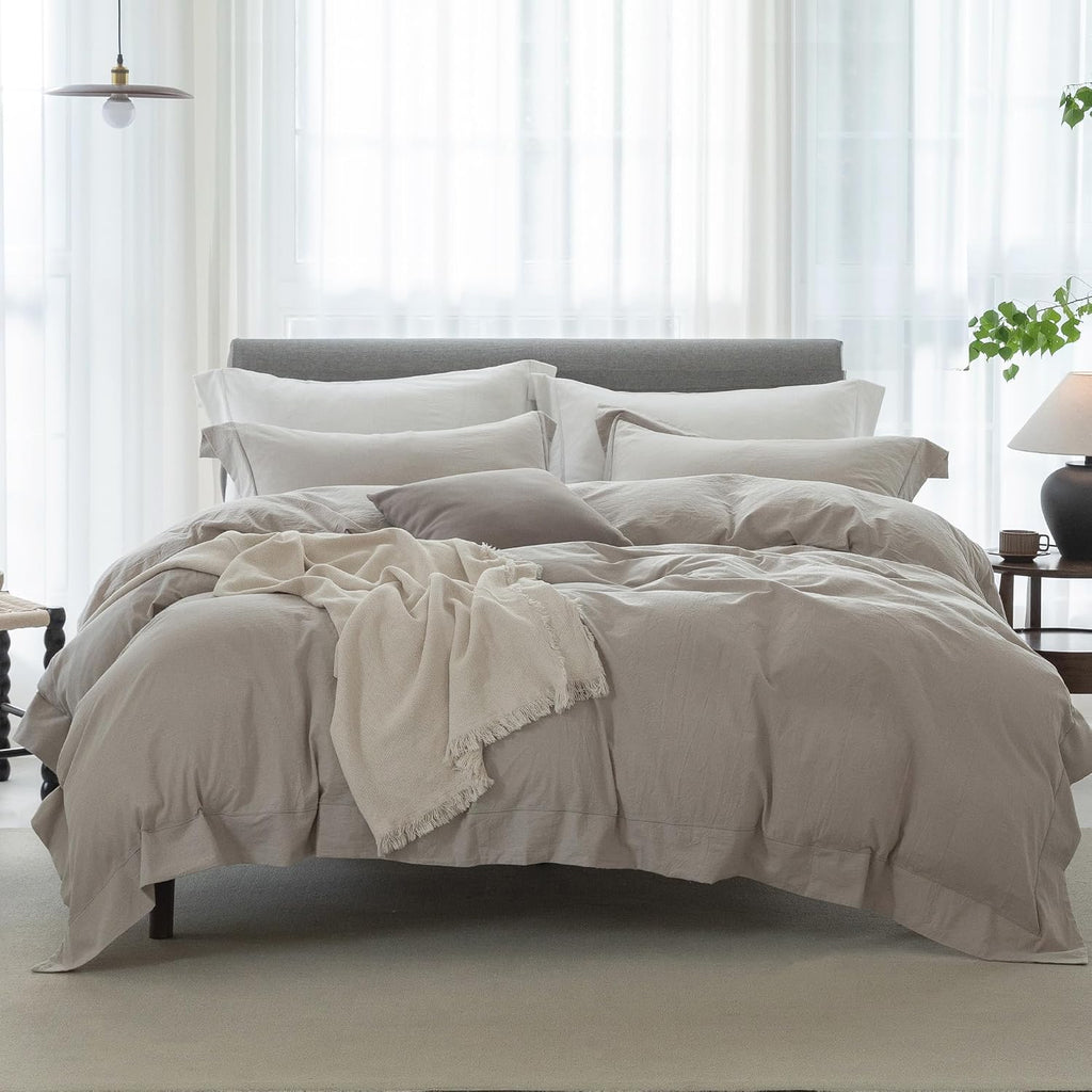 Beige‑Grey Cotton Embroidered Queen Pillow Shams Set of 2
