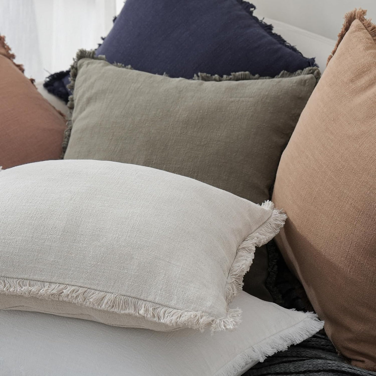 Natural Beige Linen Fringe Throw Pillow Covers Set of 2