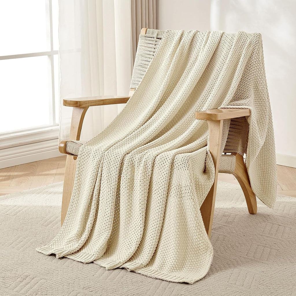 Cream White Chunky Cable‑Knit Cotton Throw Blanket