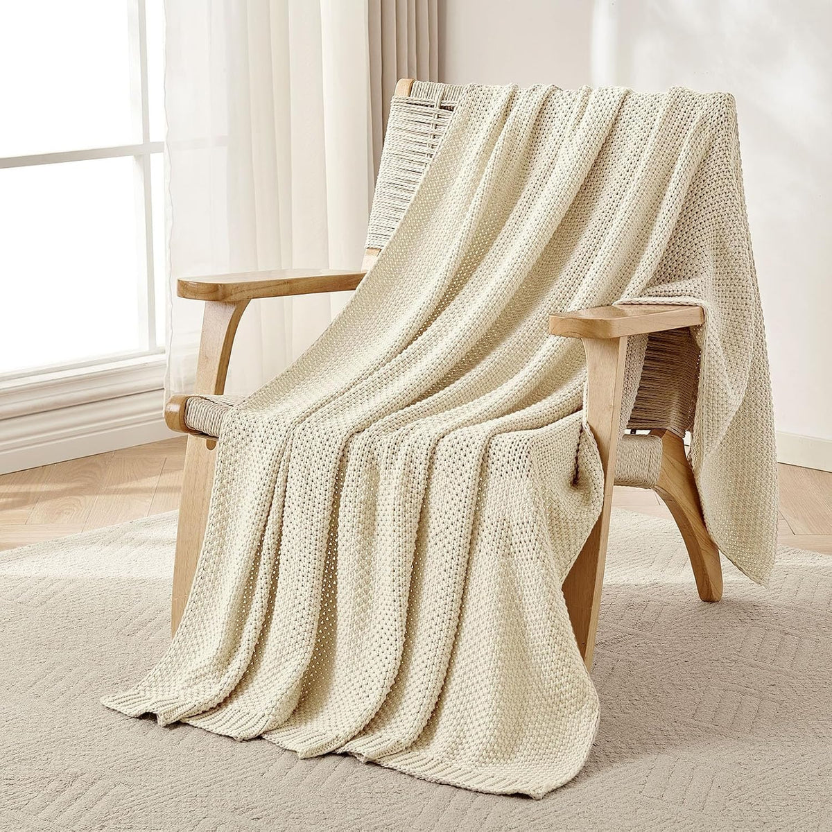 Cream White Chunky Cable‑Knit Cotton Throw Blanket