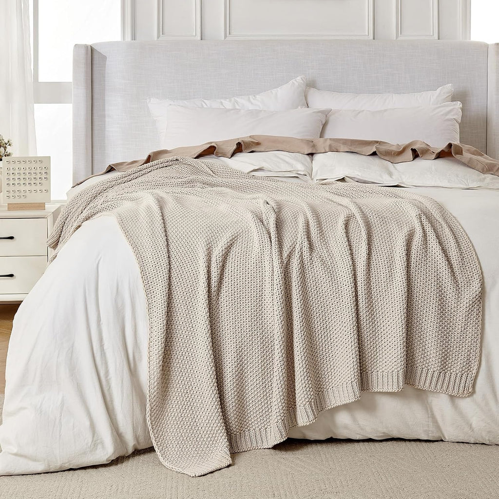 Beige Chunky Cable‑Knit Organic Cotton Throw Blanket