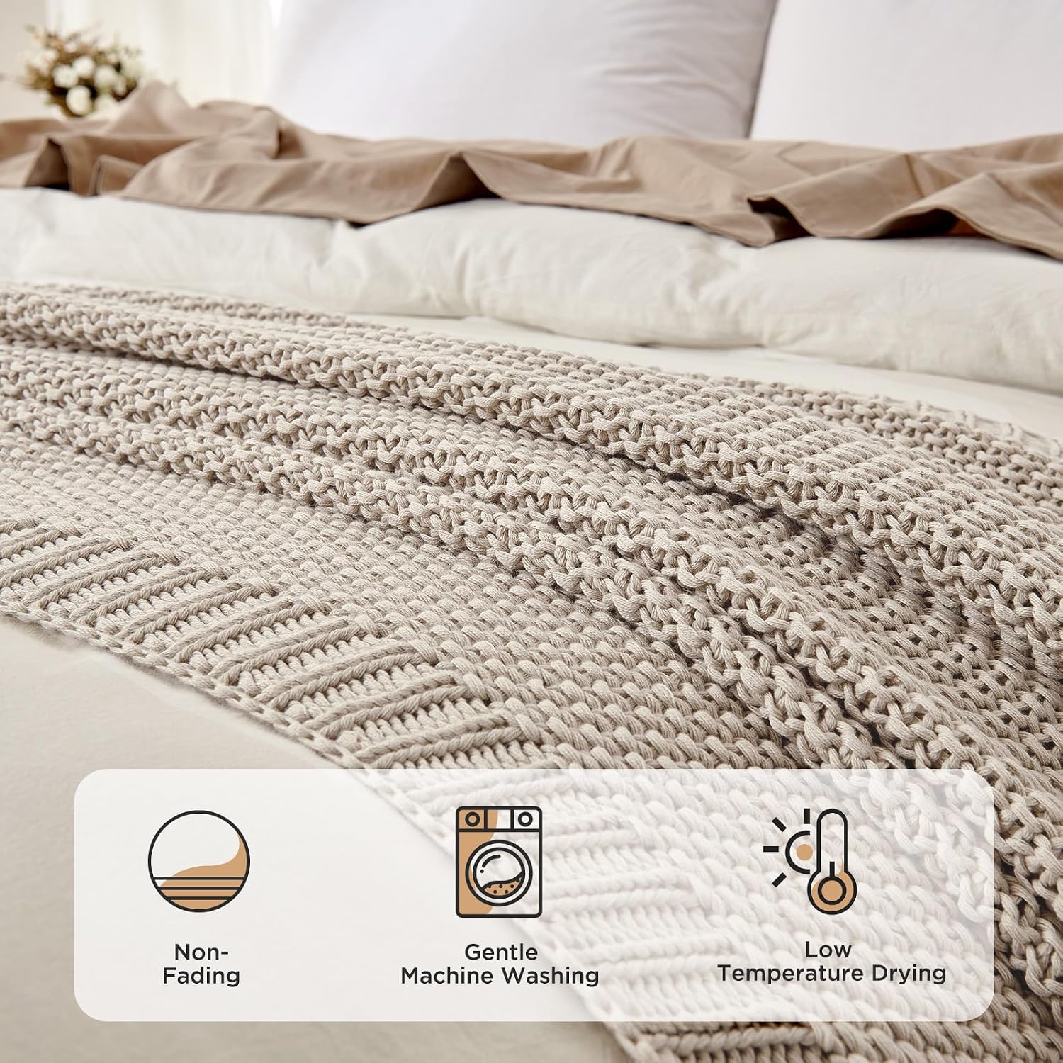 Beige Chunky Cable‑Knit Organic Cotton Throw Blanket