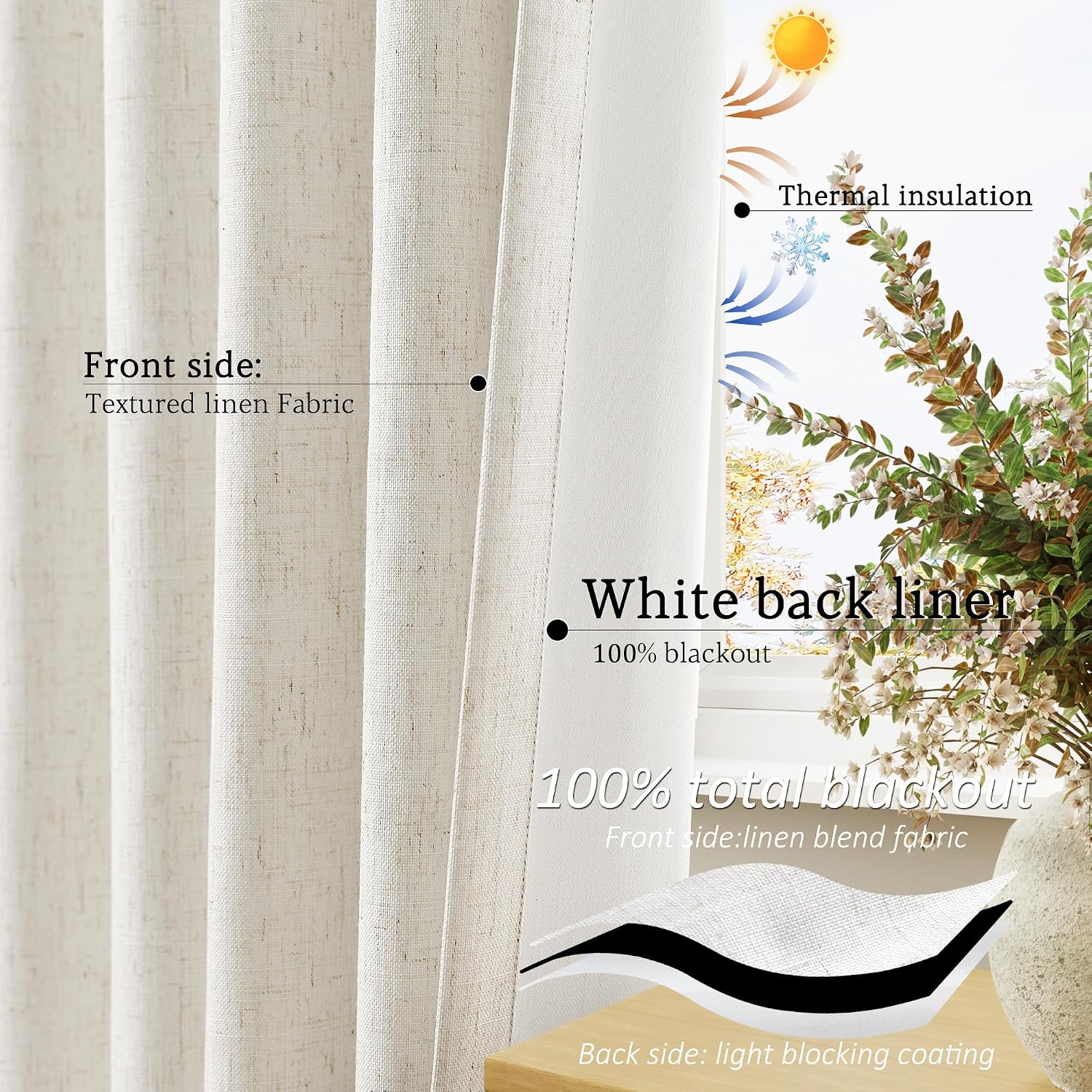 Natural Linen Blackout Grommet Curtains 2 Panels