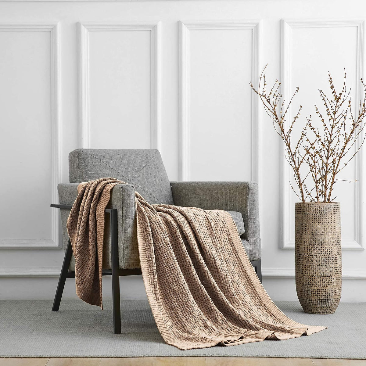 Khaki Cable‑Knit Cotton Throw Blanket