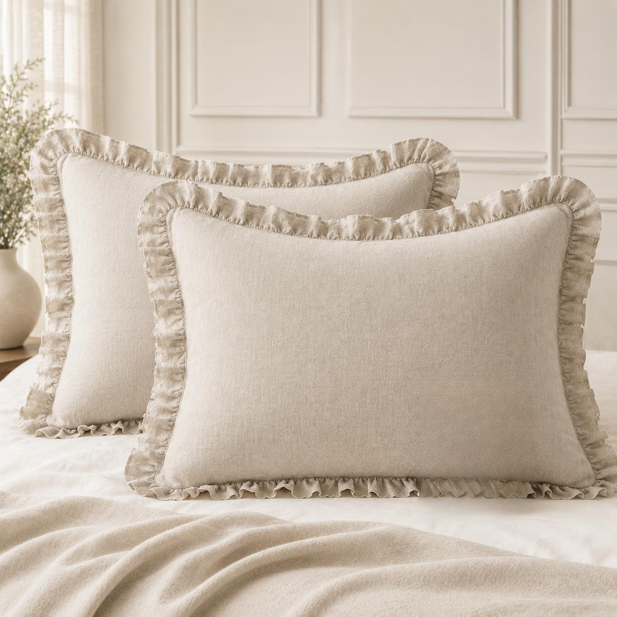 100% Linen Ruffle Pillow Shams Set of 2