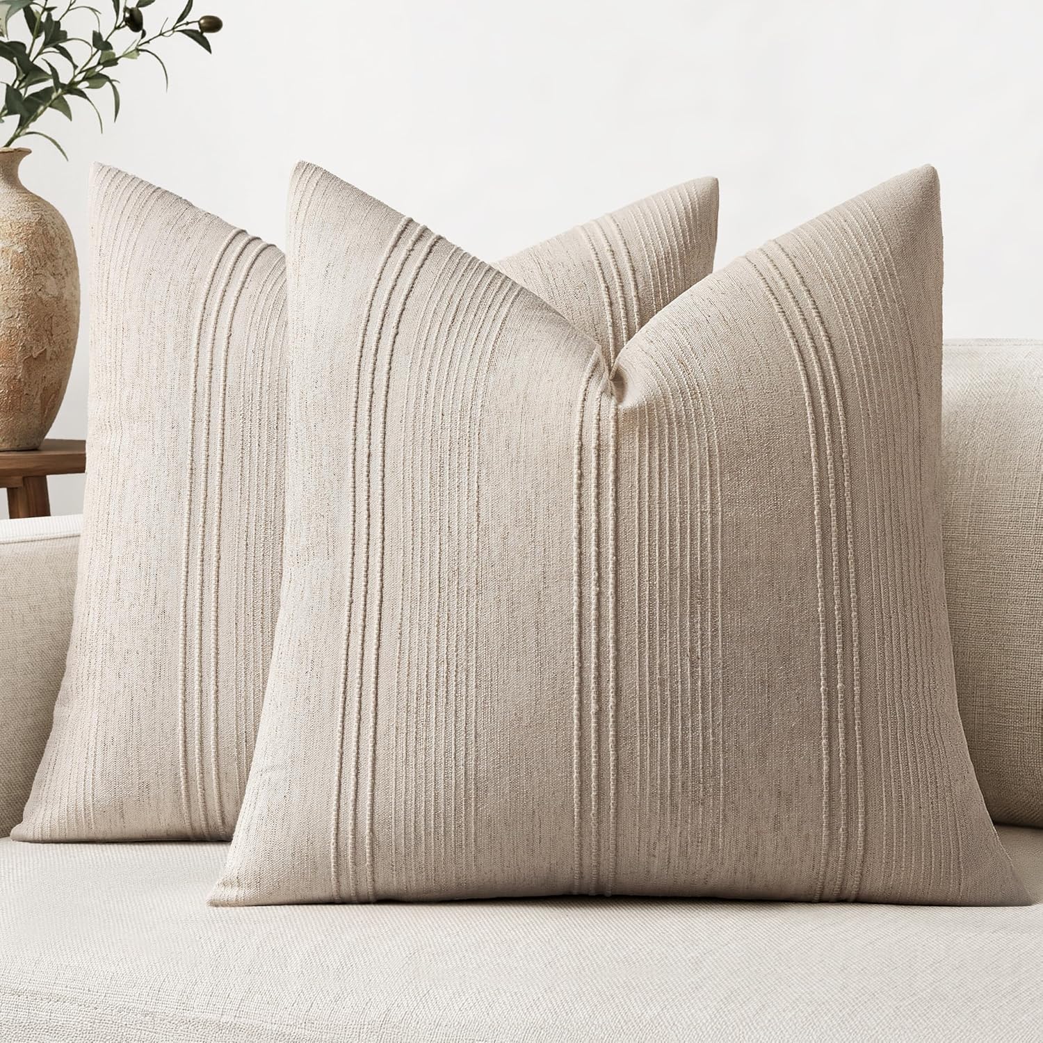Natural Linen Striped Euro Pillow Covers Set of 2