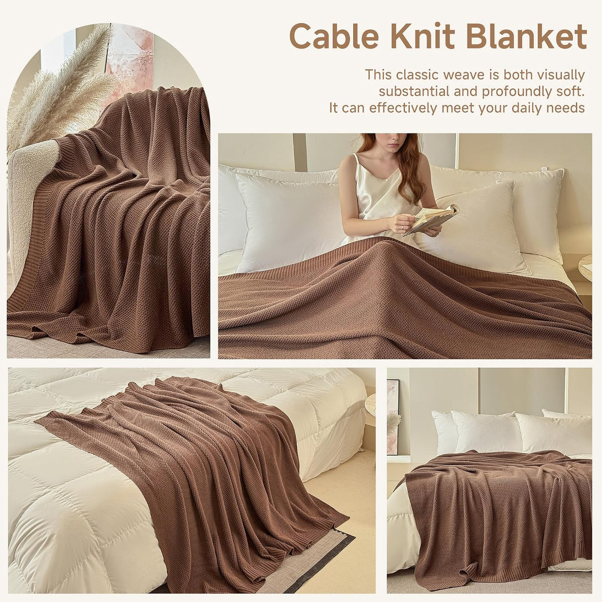 Coffee Cable‑Knit 100% Cotton Throw Blanket