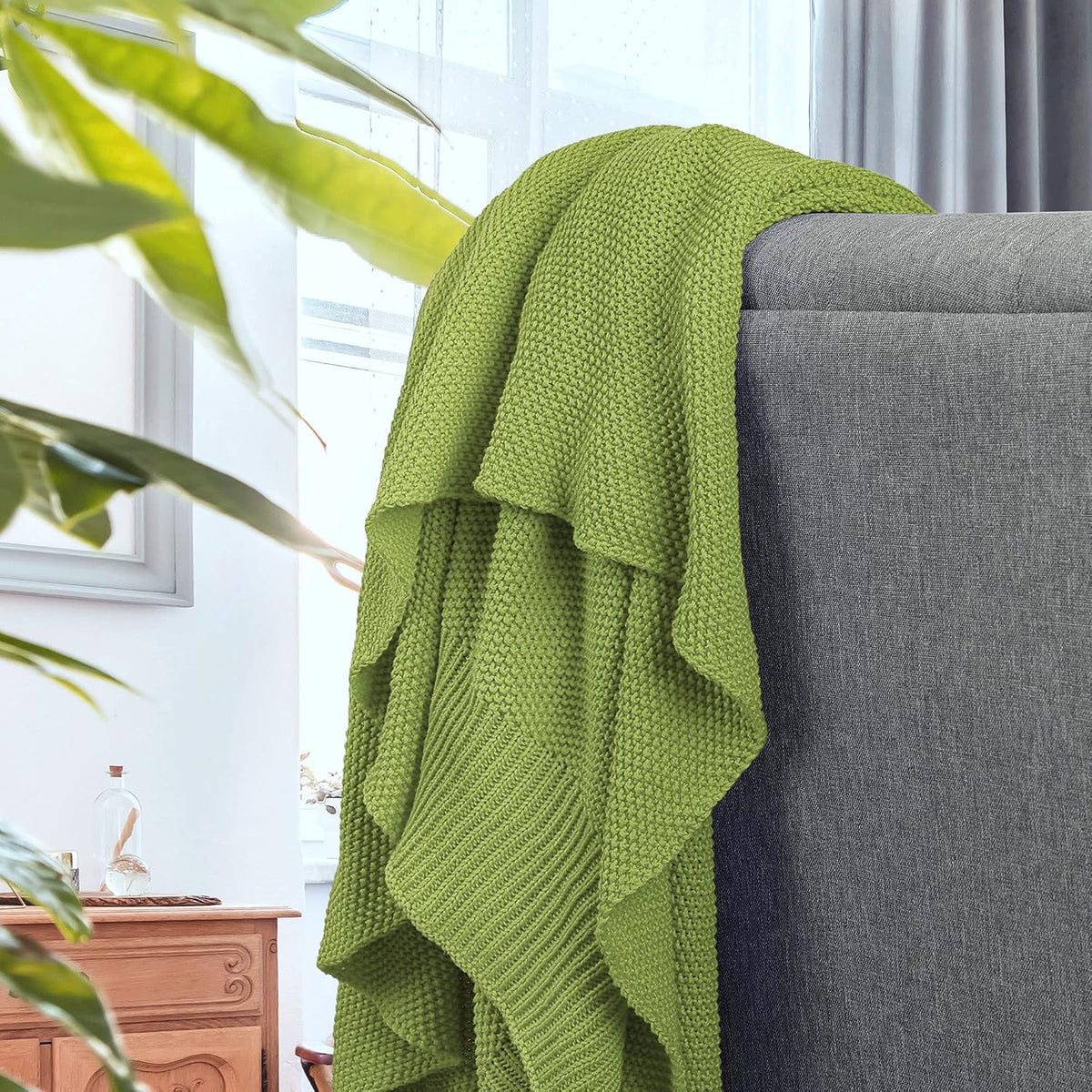 Grass Green 100% Cotton Knit Throw Blanket