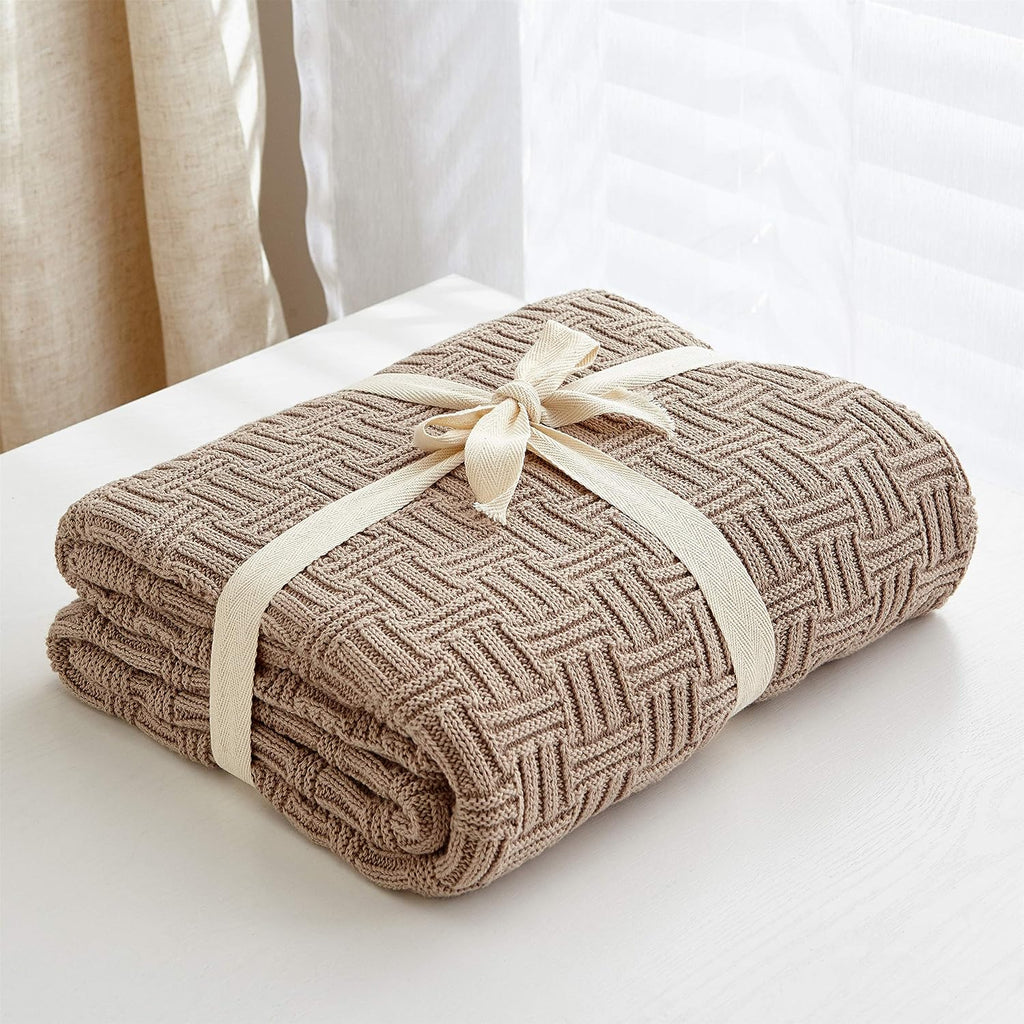 Khaki Cable‑Knit Cotton Throw Blanket