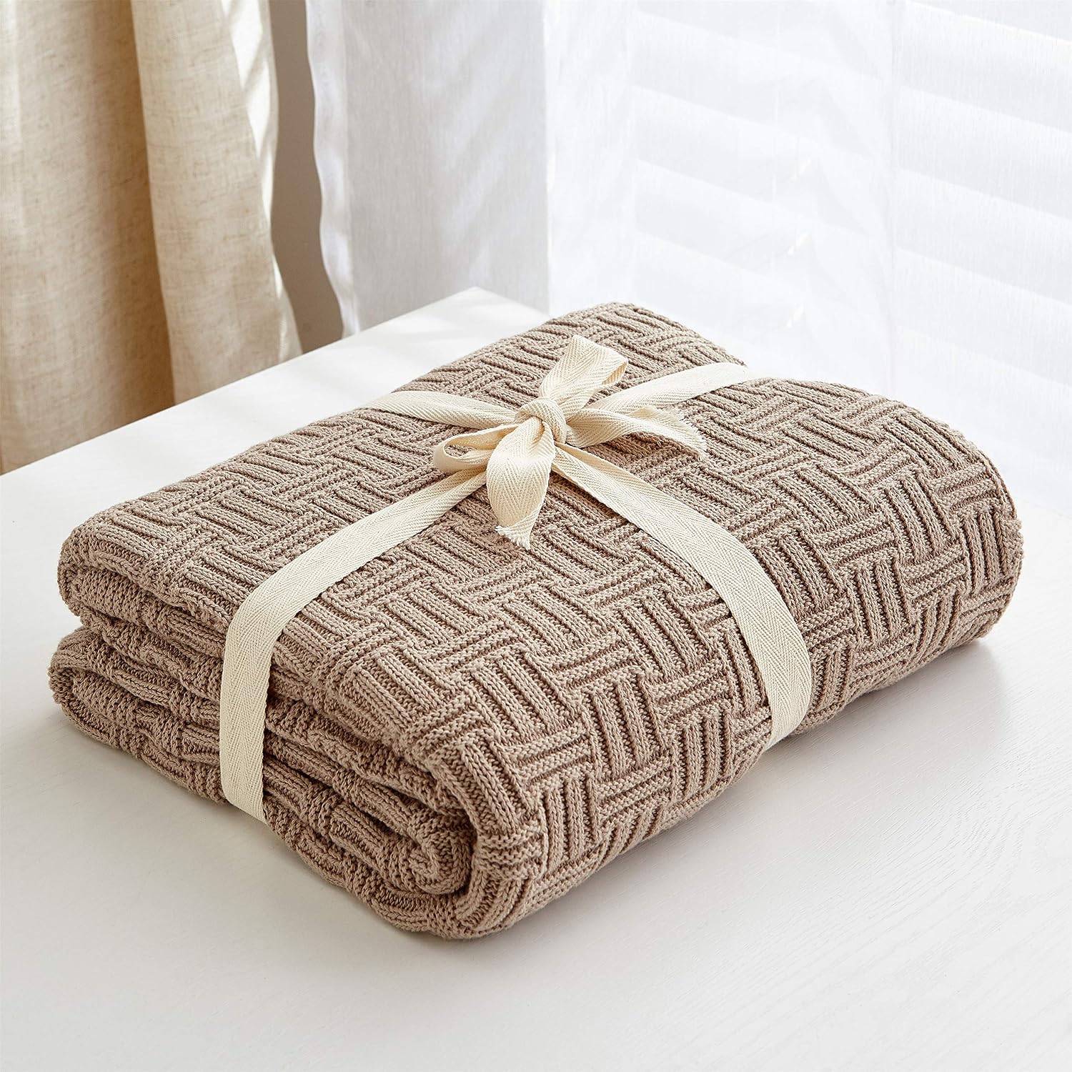 Khaki Cable‑Knit Cotton Throw Blanket