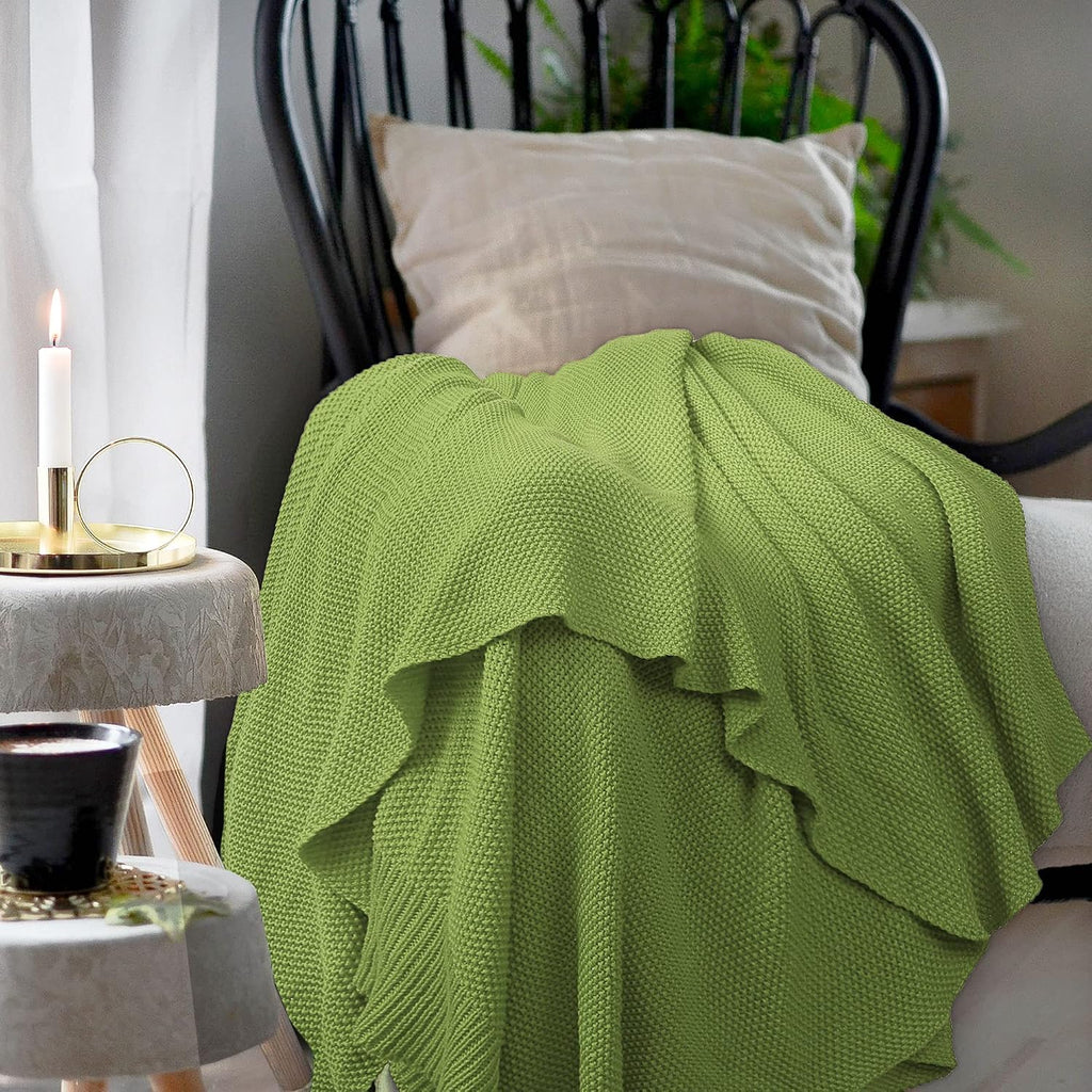 Grass Green 100% Cotton Knit Throw Blanket