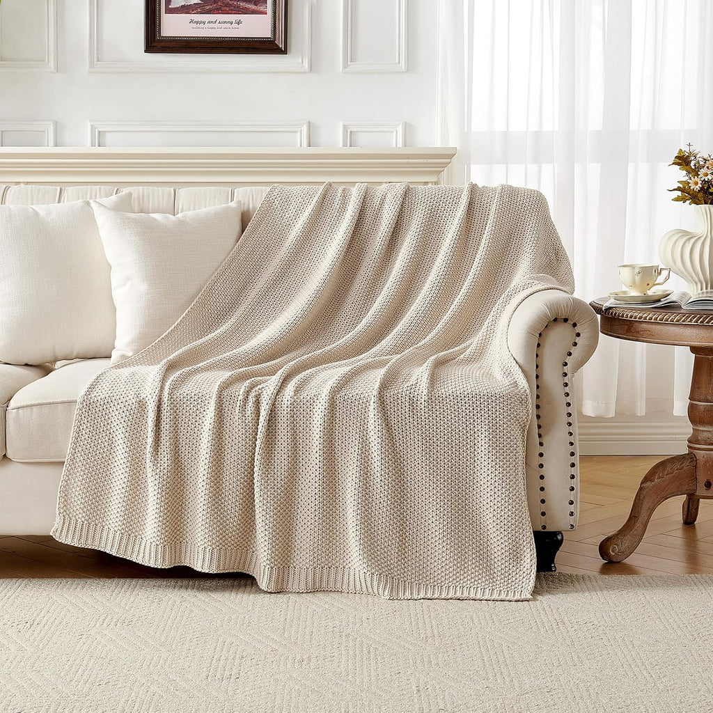 Beige Chunky Cable‑Knit Organic Cotton Throw Blanket