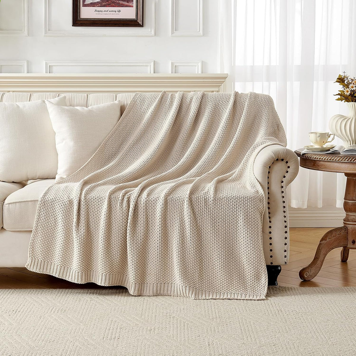 Beige Chunky Cable‑Knit Organic Cotton Throw Blanket