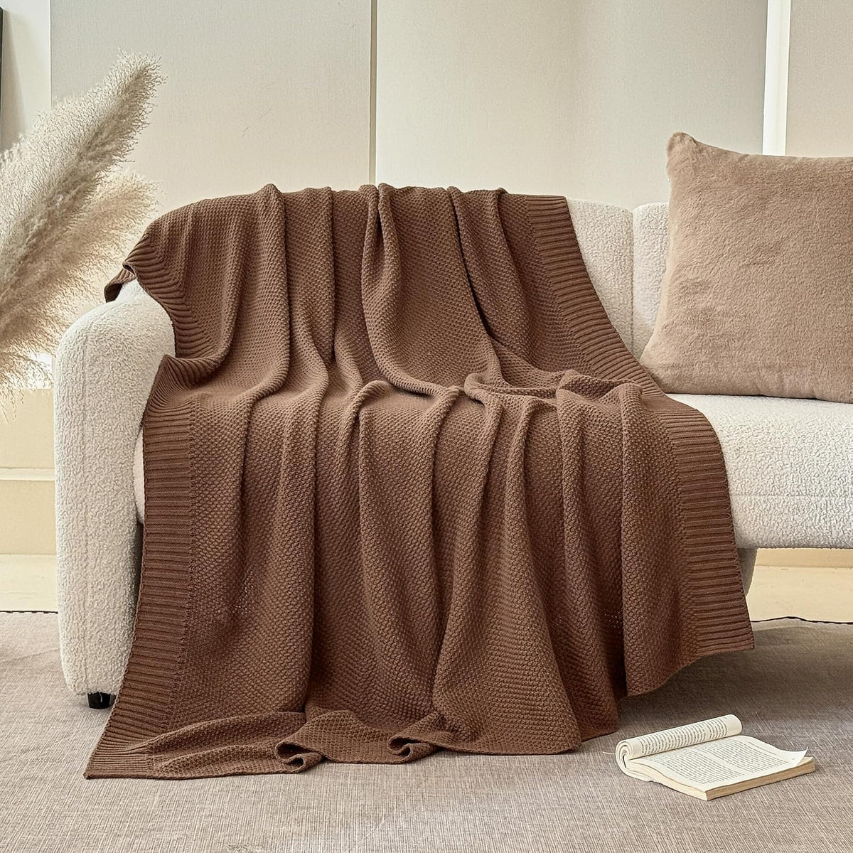 Coffee Cable‑Knit 100% Cotton Throw Blanket
