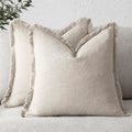 Natural Beige Linen Fringe Throw Pillow Covers Set of 2