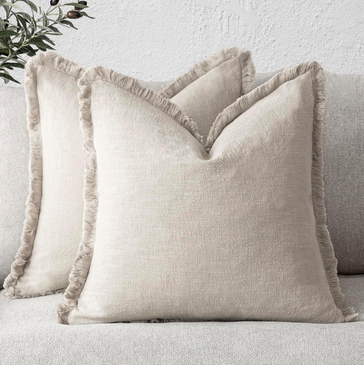 Natural Beige Linen Fringe Throw Pillow Covers Set of 2