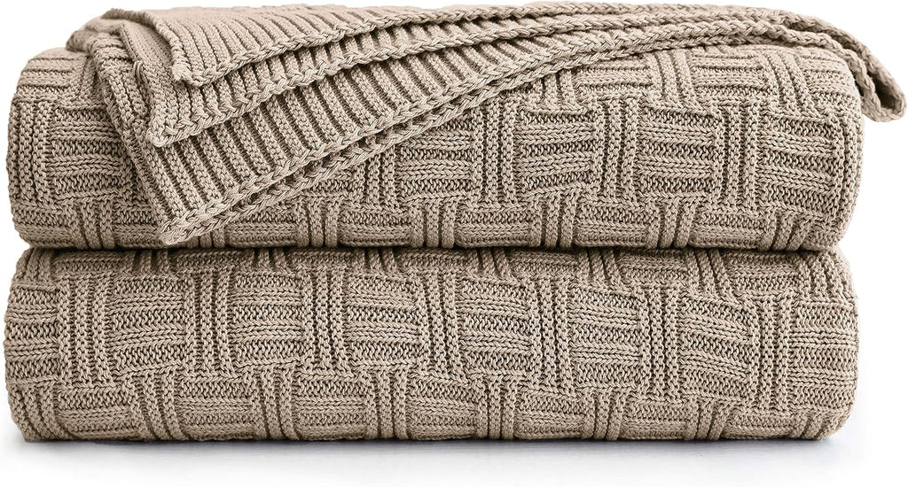Khaki Cable‑Knit Cotton Throw Blanket