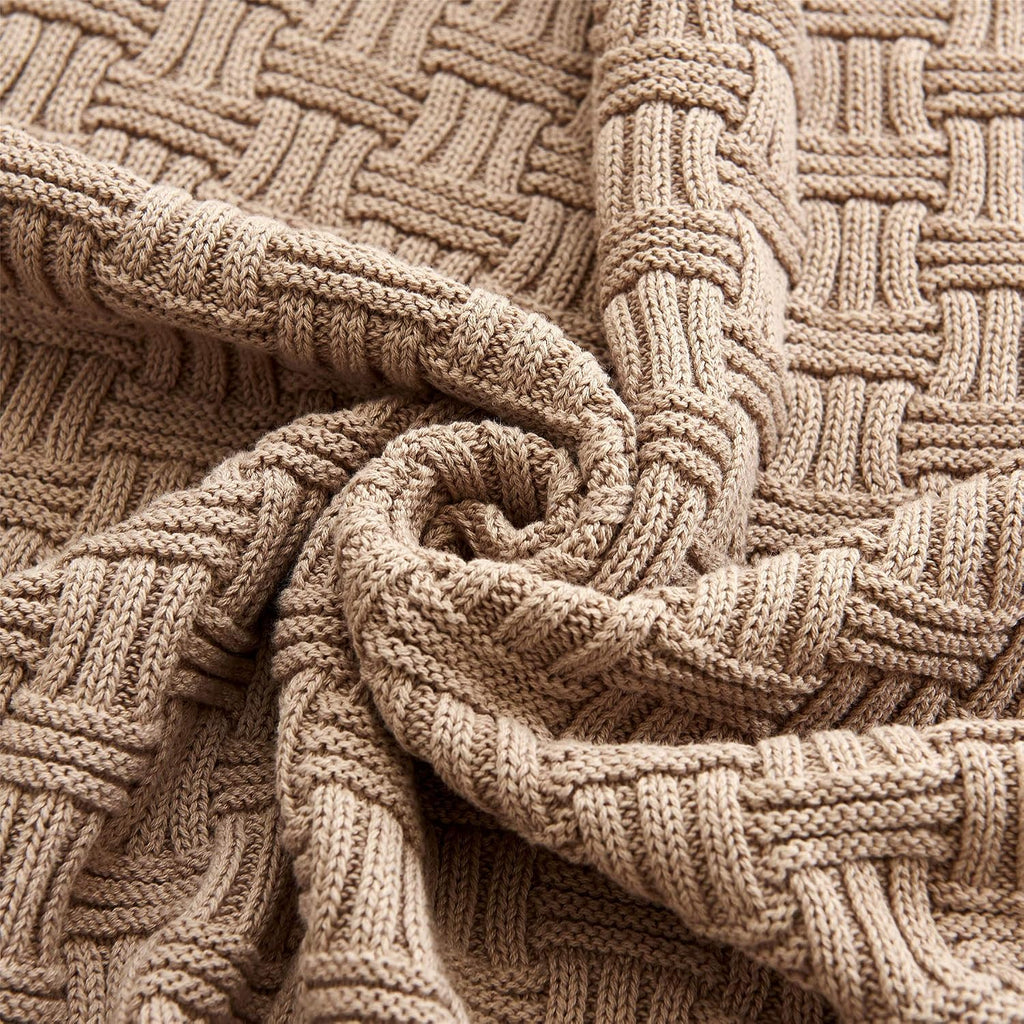 Khaki Cable‑Knit Cotton Throw Blanket
