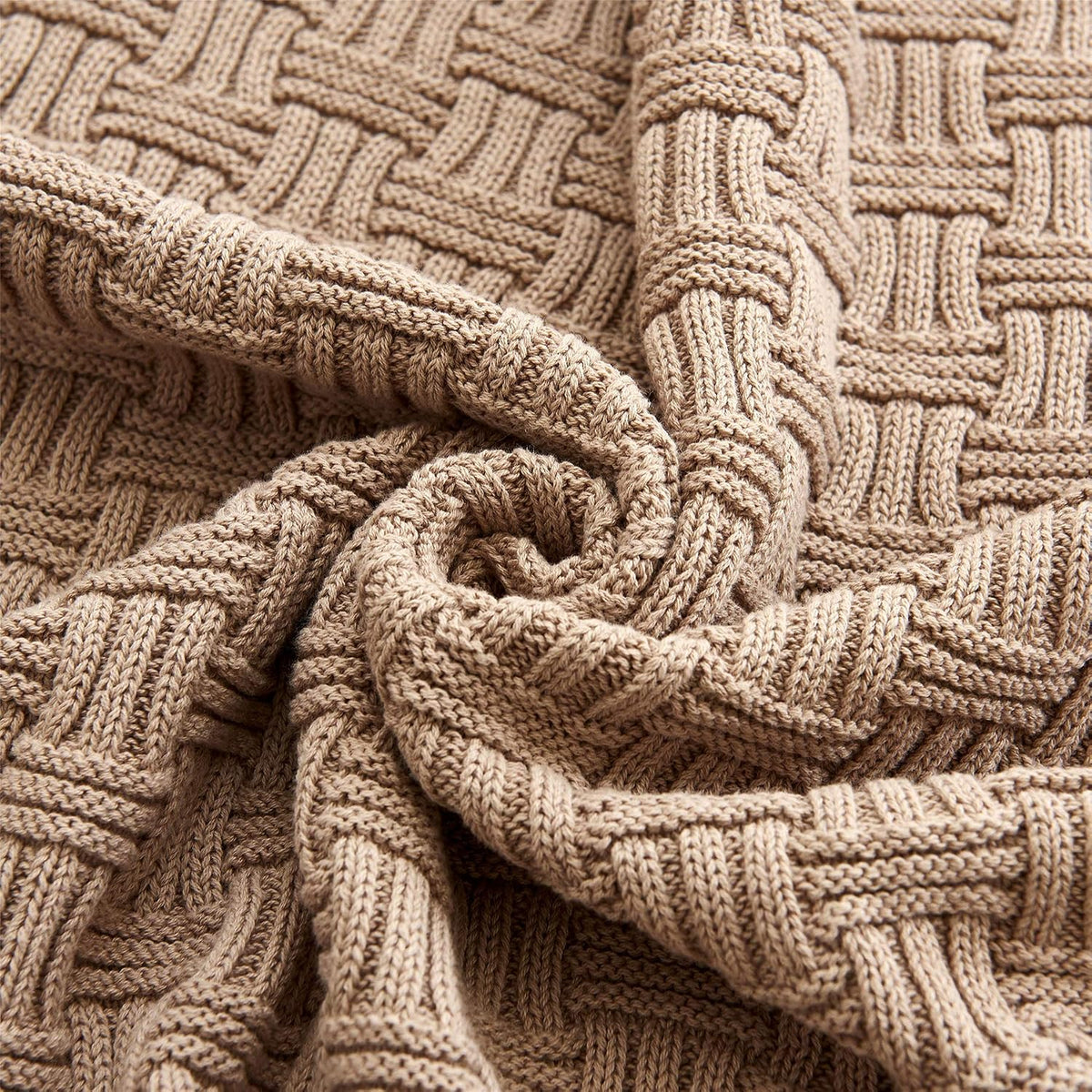 Khaki Cable‑Knit Cotton Throw Blanket