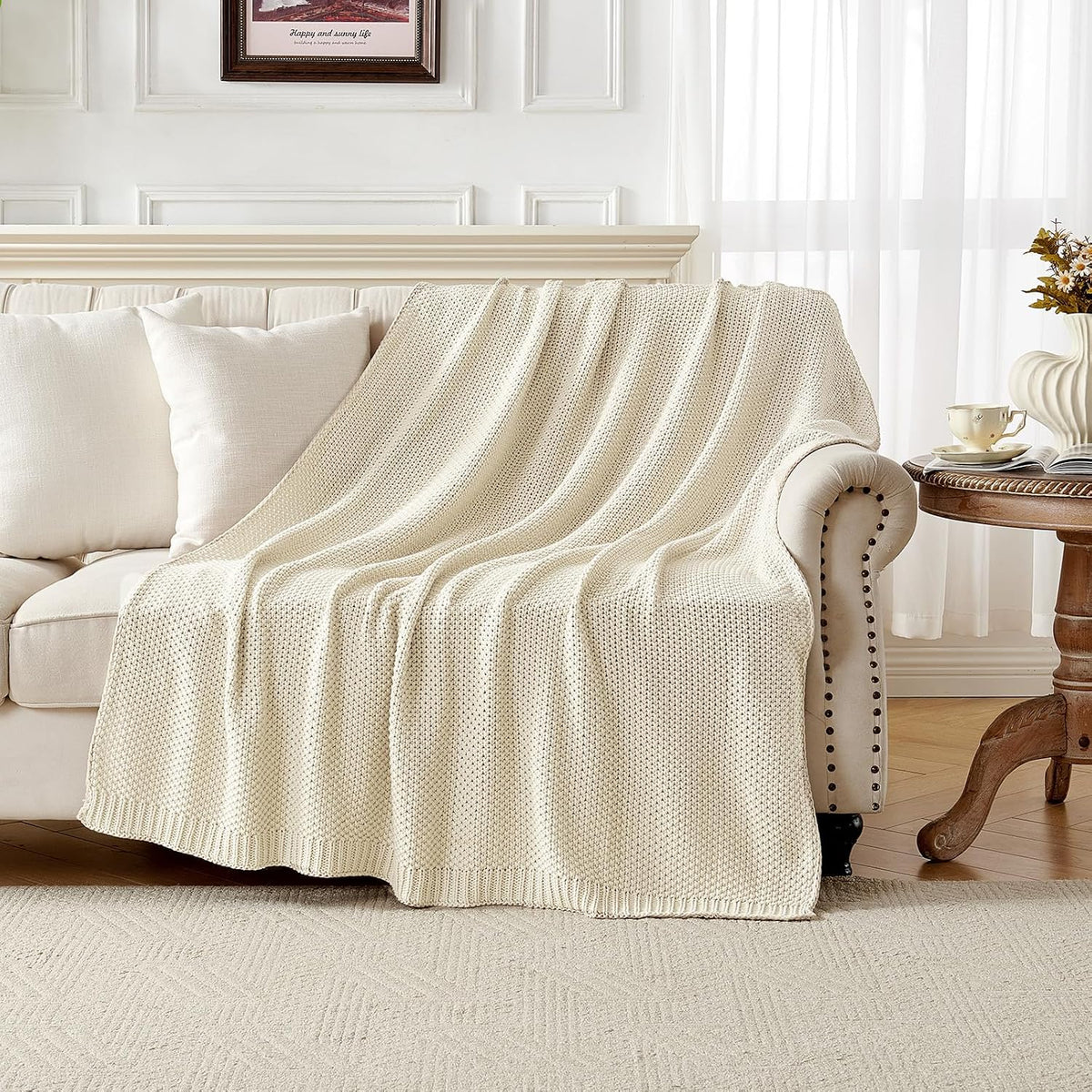 Cream White Chunky Cable‑Knit Cotton Throw Blanket