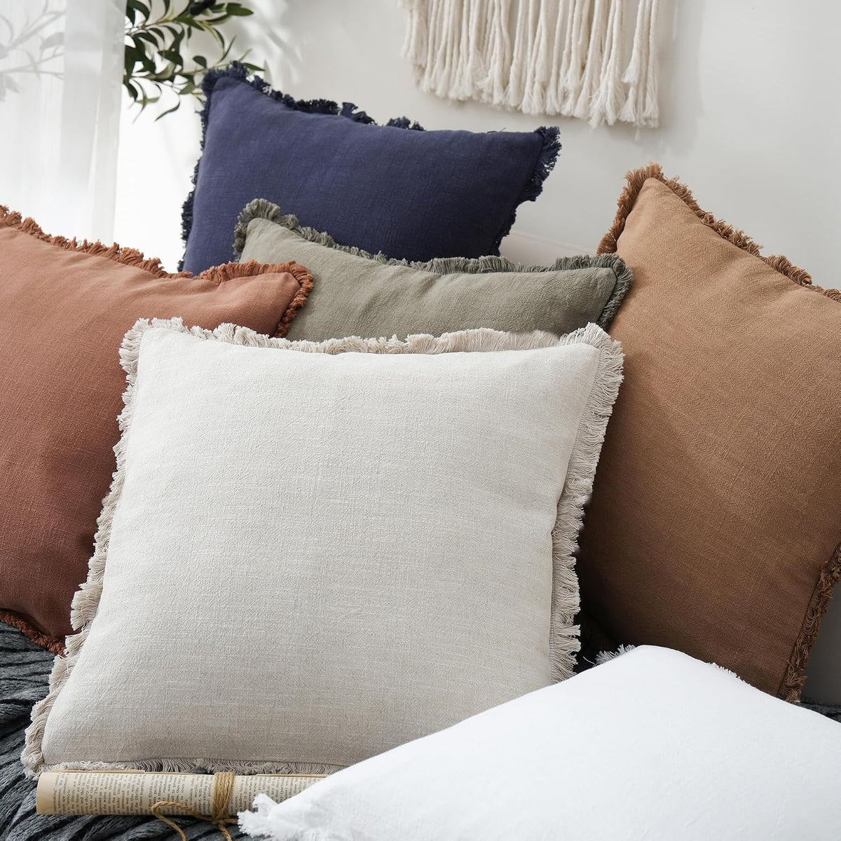 Natural Beige Linen Fringe Throw Pillow Covers Set of 2