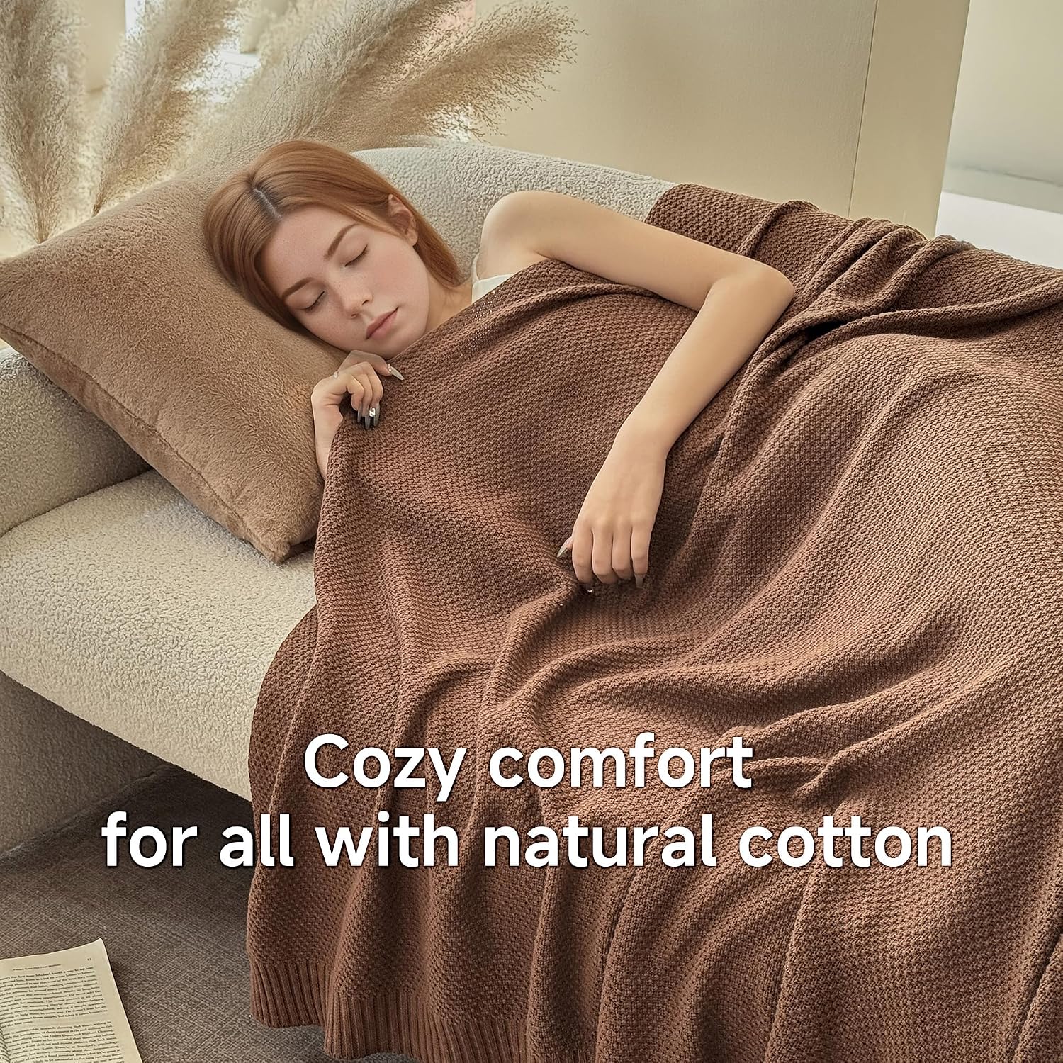 Coffee Cable‑Knit 100% Cotton Throw Blanket